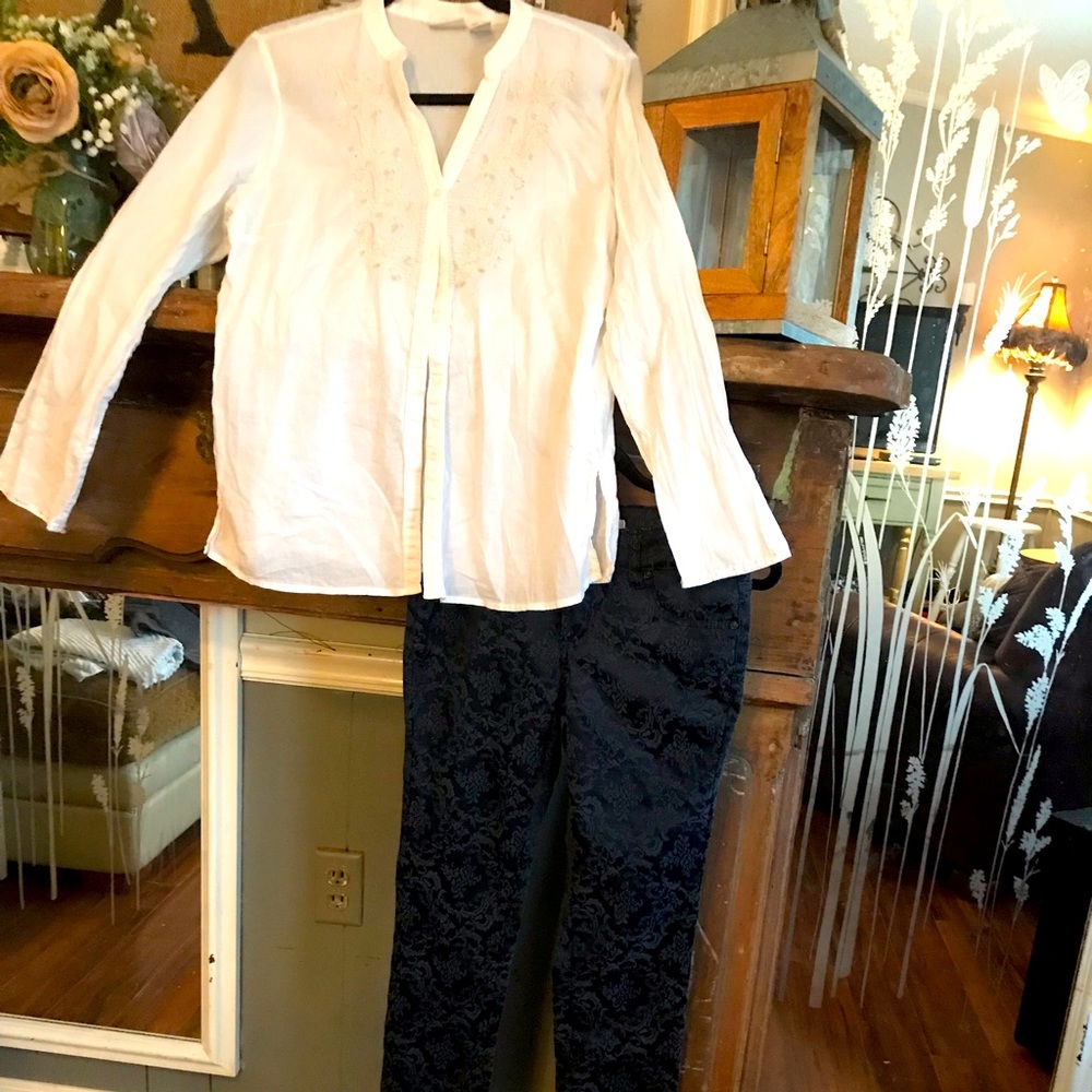 Instant Vintage navy blue paisley dress pants size 4, with cotton white shirt M